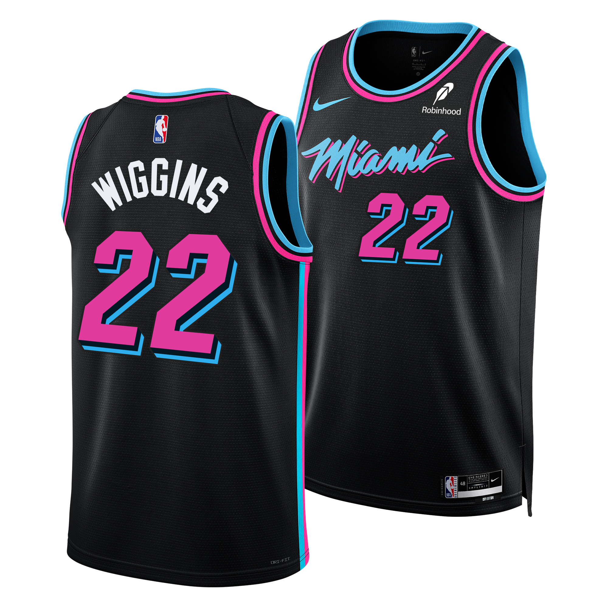 Two black Andrew Wiggins Nike Original Vice Nights Youth Swingman Jerseys are shown, with blue and pink trim, “22” and “Wiggins” on the back, “Miami” on the front, Dri-FIT fabric for moisture wicking, plus Nike branding.