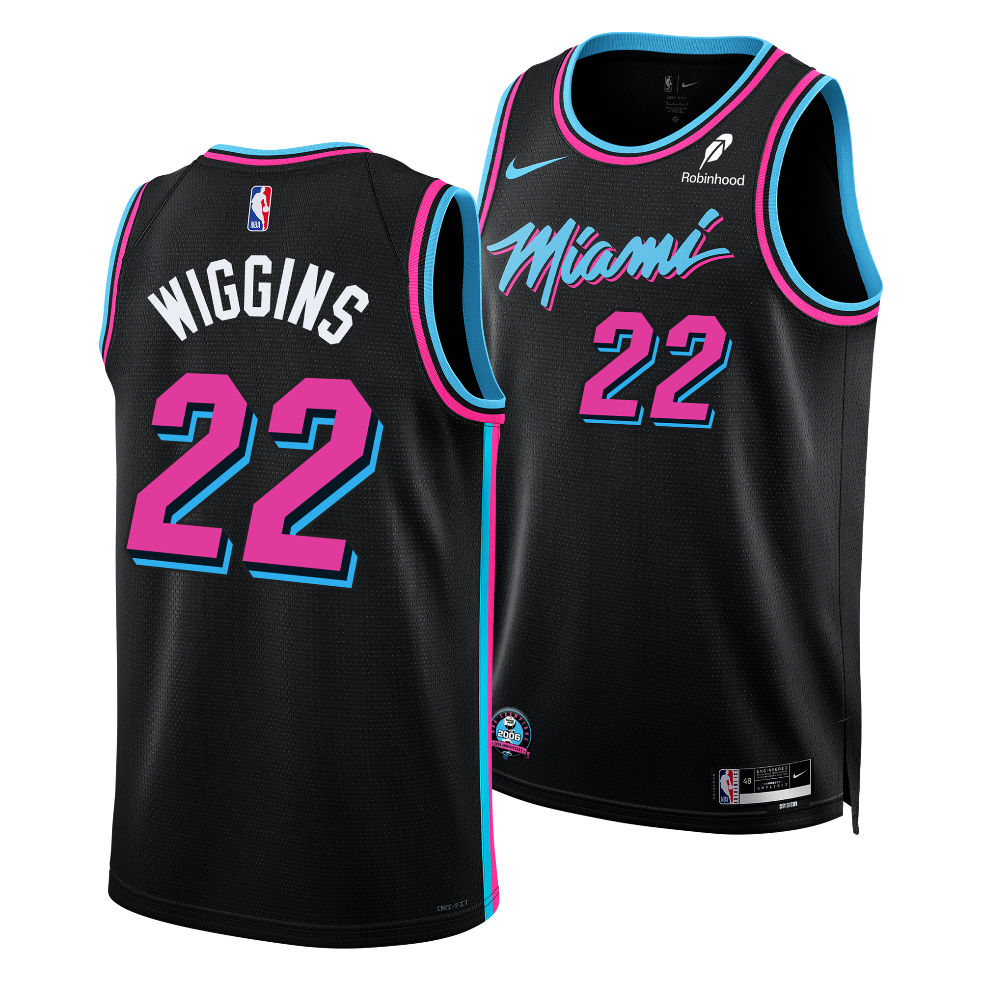 The Nike Andrew Wiggins Original Vice Nights Swingman Jersey features neon pink and blue accents, Wiggins’ name and number 22, Miami script, Nike and Robinhood logos, plus a 2006 NBA Championship patch for the HEAT 25-26 season.