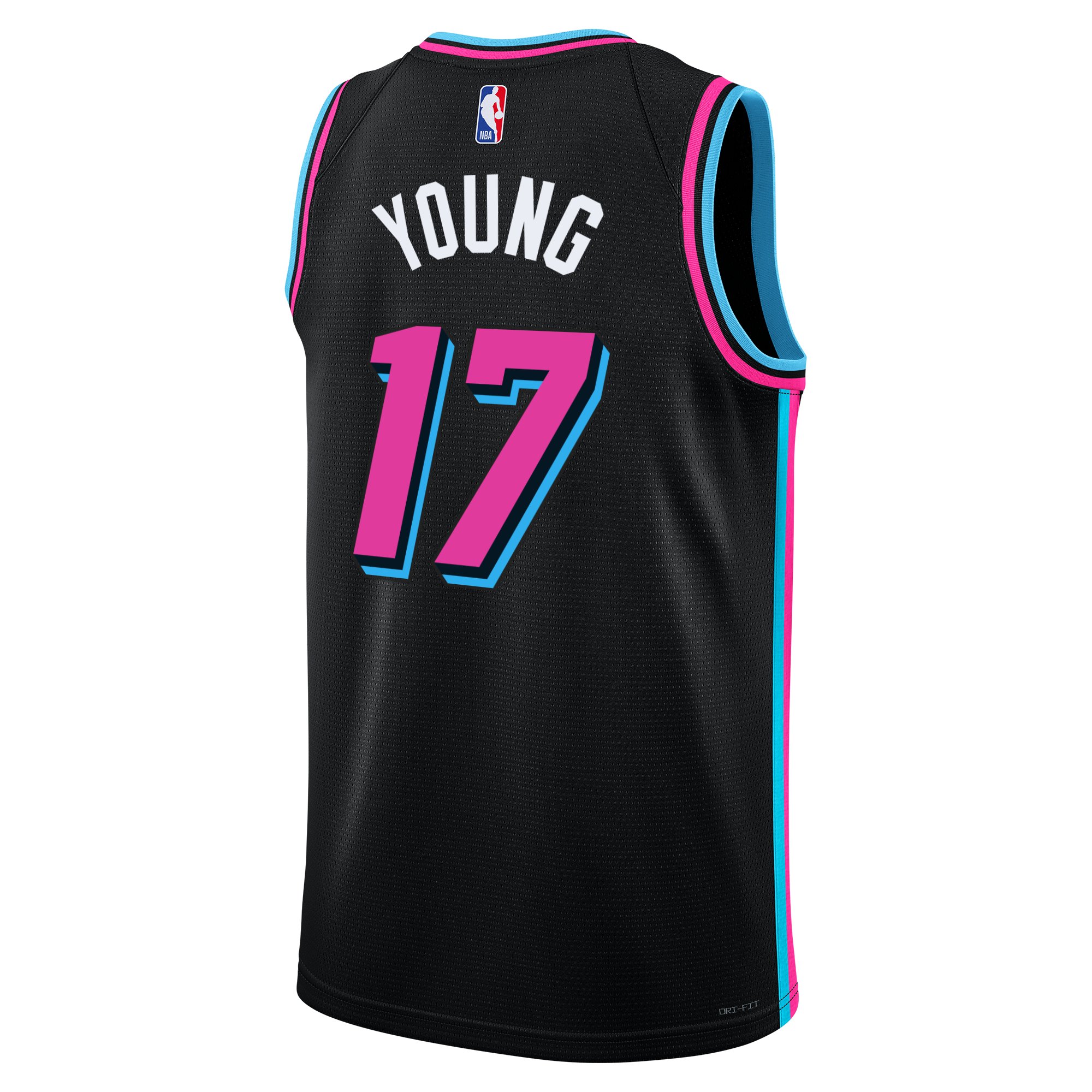 The Nike Jahmir Young Original Vice Nights Swingman Jersey features a black base, YOUNG and 17 in white and pink outlined letters, blue/pink trim, an NBA logo on the back, inspired by Vice Night HEAT jerseys.