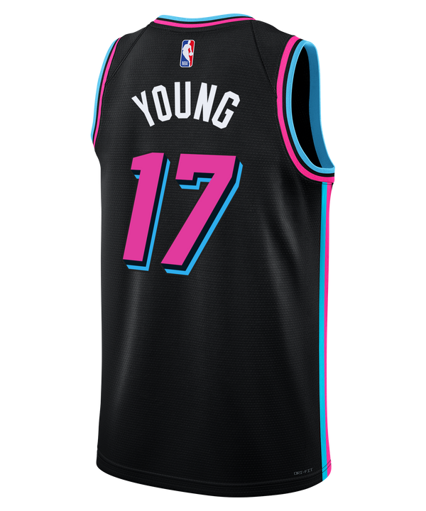 The Jahmir Young Nike Original Vice Nights Youth Swingman Jersey features a black base, bright pink script, turquoise and pink trim, number 17, NBA and Robinhood logos, Dri-FIT tech, and stylish streetwear vibes.
