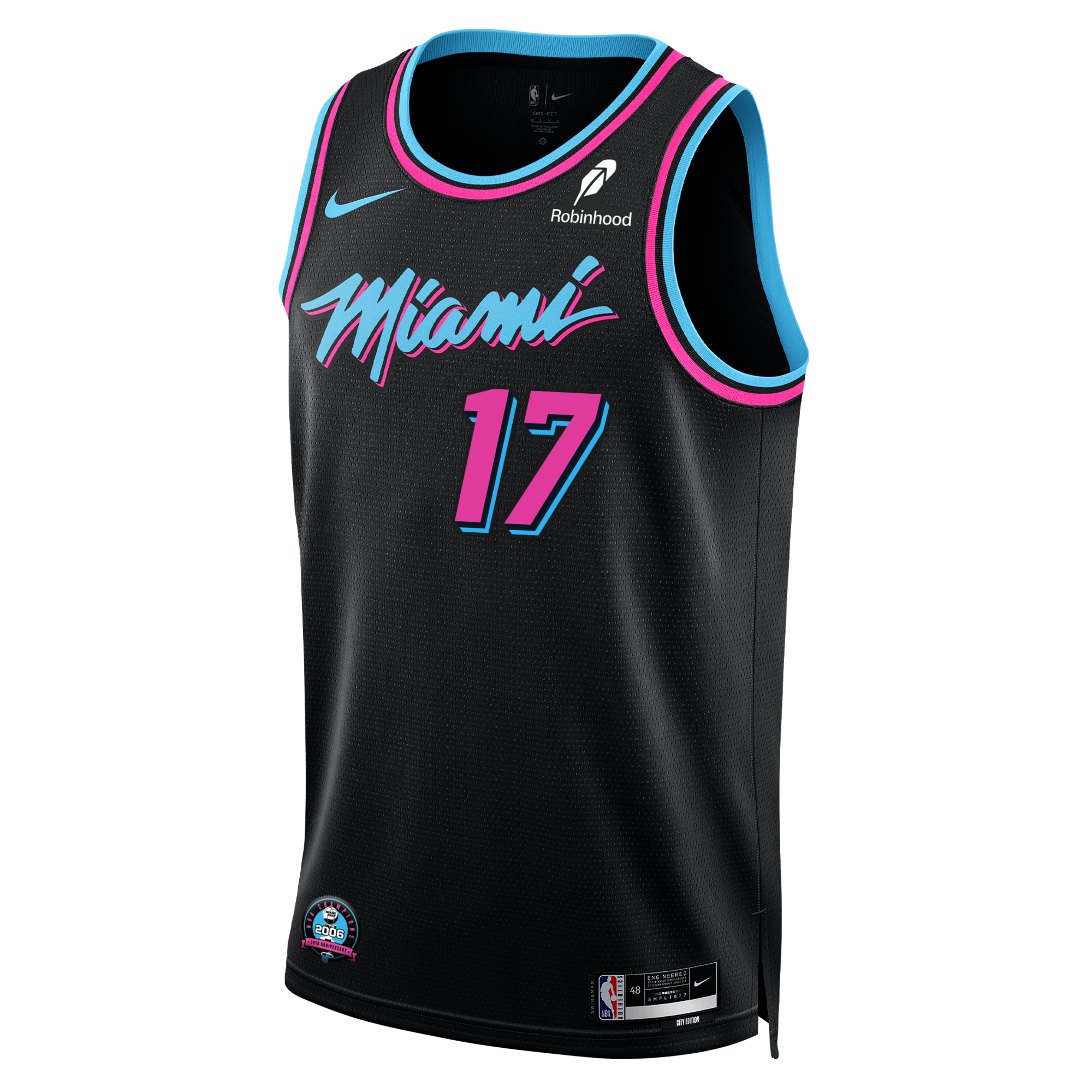 The Nike Jahmir Young Original Vice Nights Swingman Jersey features Miami Heat black design with cyan/pink trim, graffiti-style 