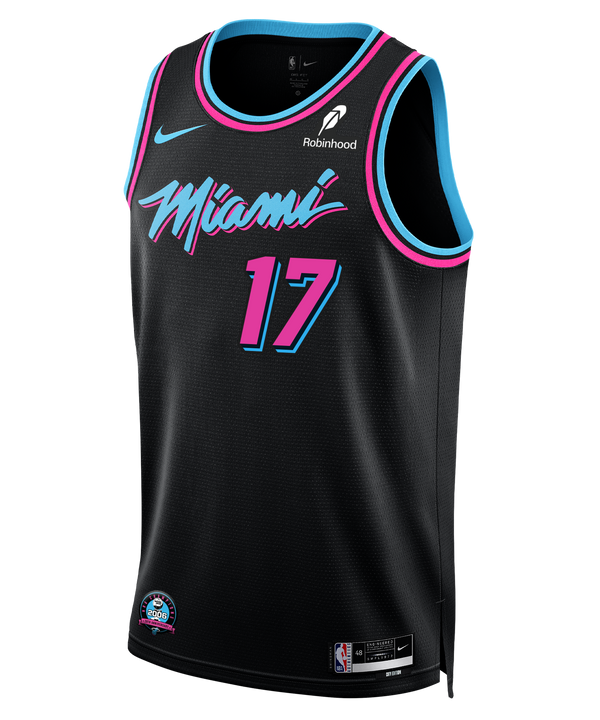 The Nike Jahmir Young Original Vice Nights Swingman Jersey features Miami Heat black design with cyan/pink trim, graffiti-style 
