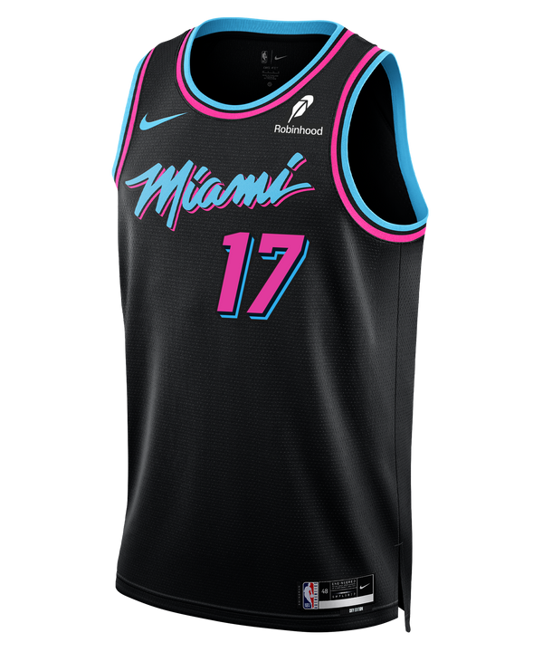 The Jahmir Young Nike Original Vice Nights Youth Swingman Jersey features black fabric with pink and blue trim, stylized 