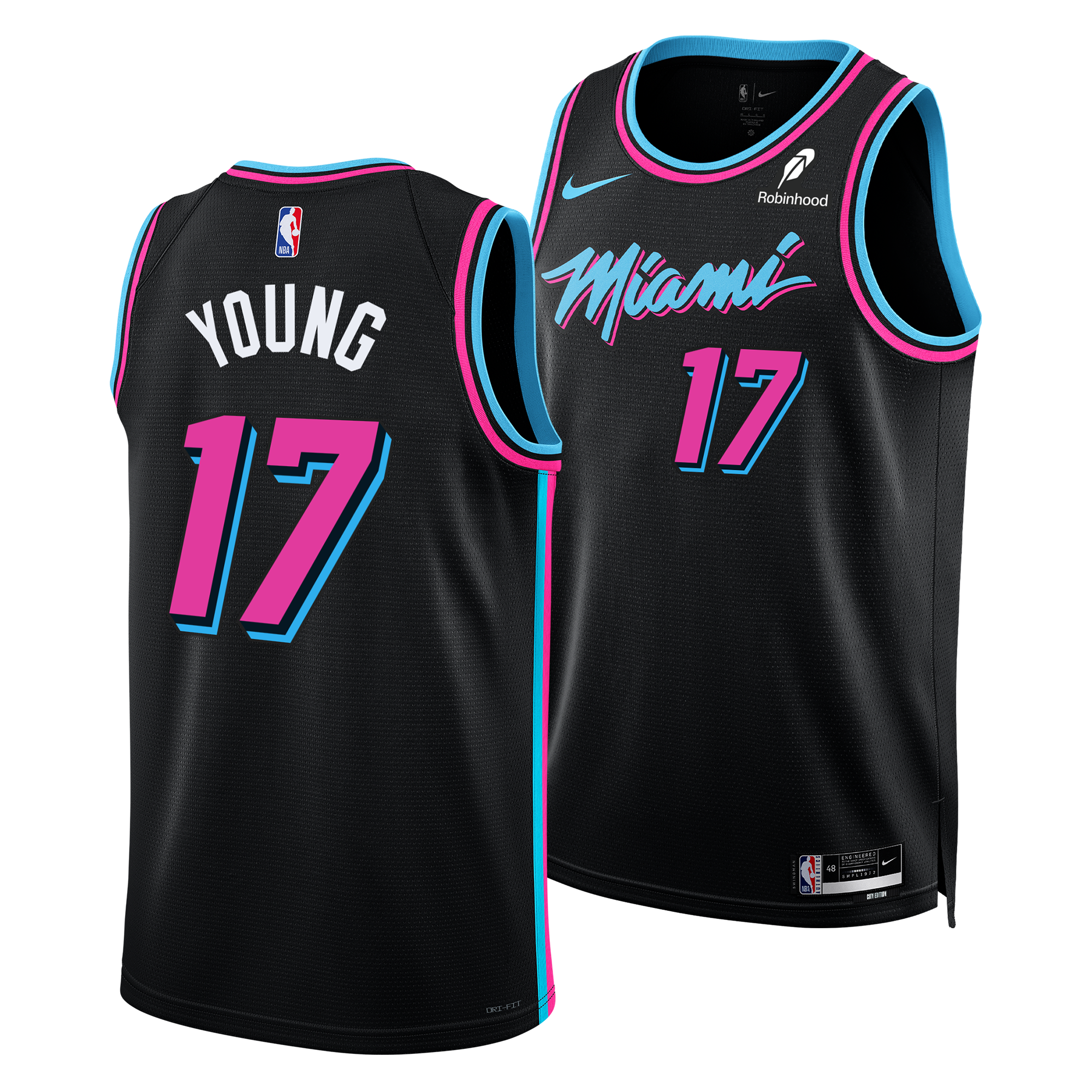 Front and back view of the black Jahmir Young Nike Original Vice Nights Swingman Jersey, featuring neon pink and blue accents. 