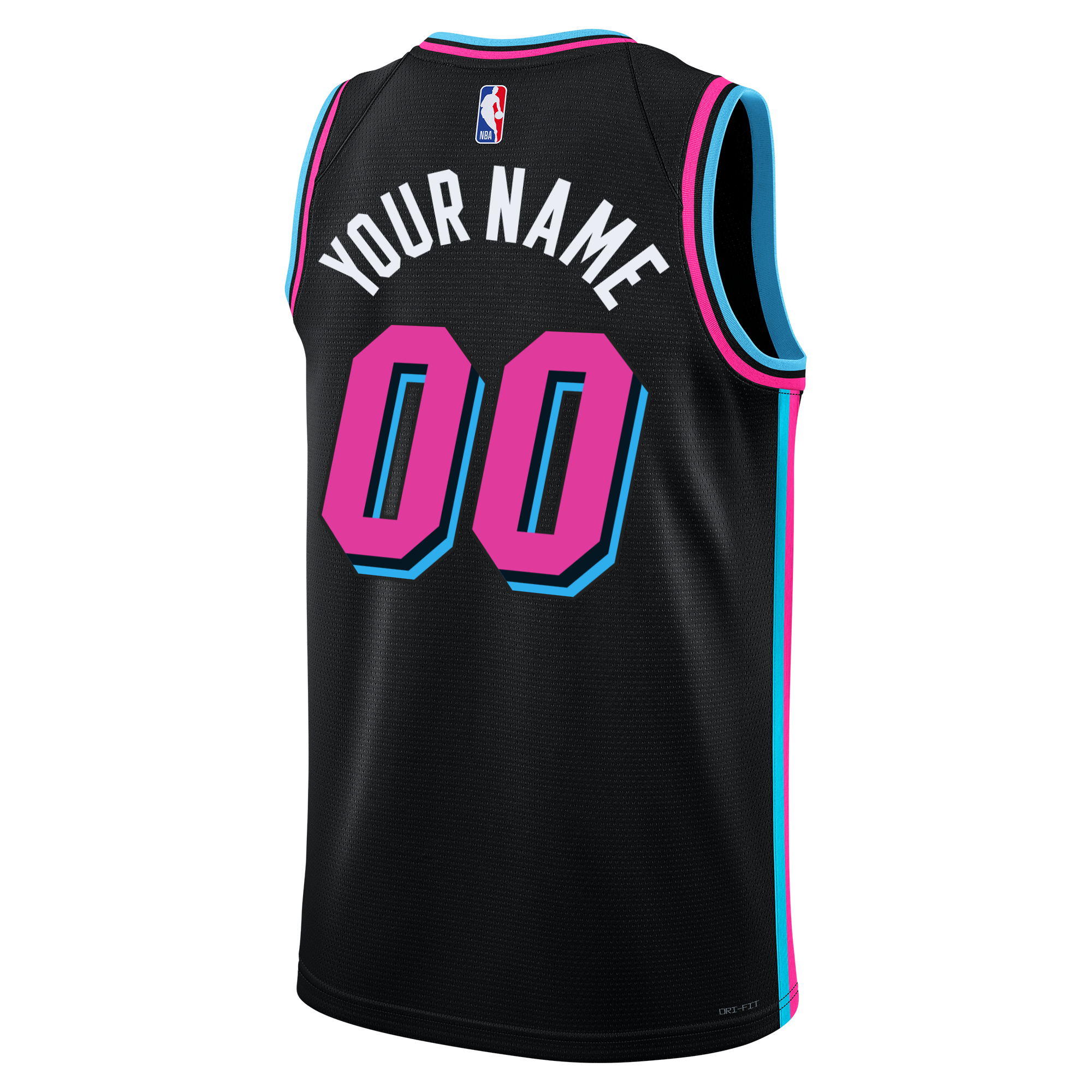 The Personalized Nike Original Vice Nights Youth Swingman Jersey by Nike features YOUR NAME and 00 in bold pink and blue on black, with NBA and Nike logos, blue-pink trim, and an optional 2006 NBA Championship patch.