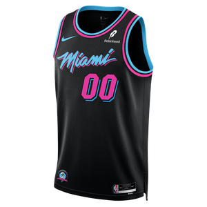 The Personalized Nike Original Vice Nights Youth Swingman Jersey by Nike features a black design with pink and blue trim, vibrant "Miami" script, number 00, a 2006 NBA Championship patch, plus Nike, Robinhood, and NBA logos on the front.