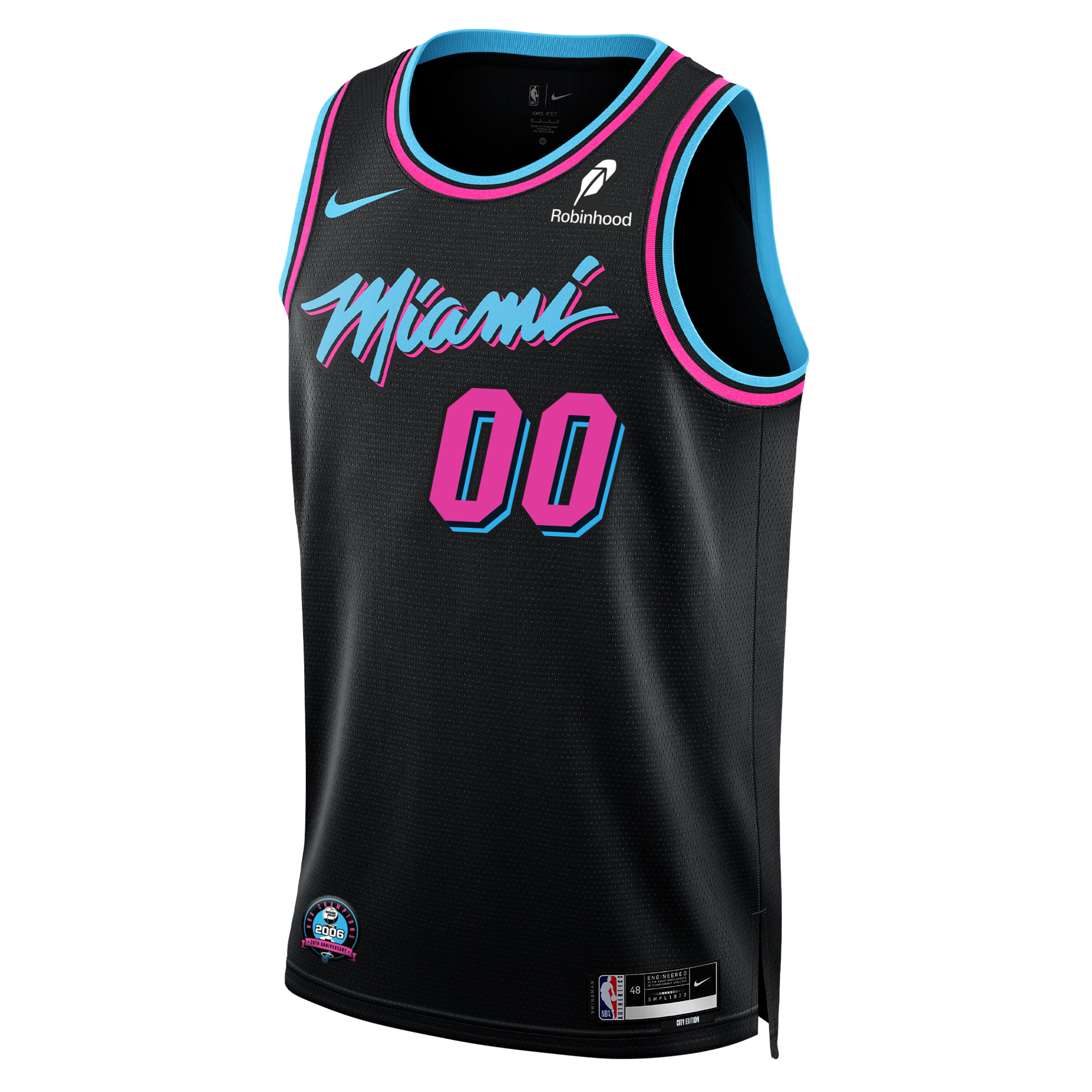 The Personalized Nike Original Vice Nights Youth Swingman Jersey by Nike features a black design with pink and blue trim, vibrant 
