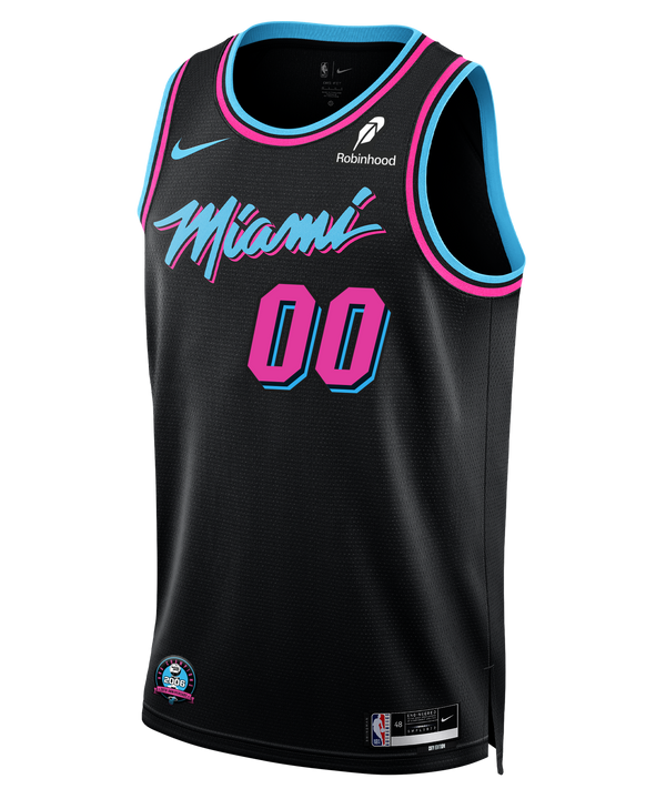 The Nike Personalized Original Vice Nights Youth Swingman Jersey features black fabric with pink and blue accents, Your Name and number 00, plus a 2006 NBA Championship patch—celebrating Miami Heat style.