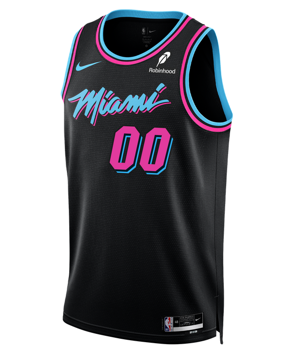 Front and back view of the black Nike Personalized Original Vice Nights Swingman Jersey, featuring pink and blue trim. Displays 