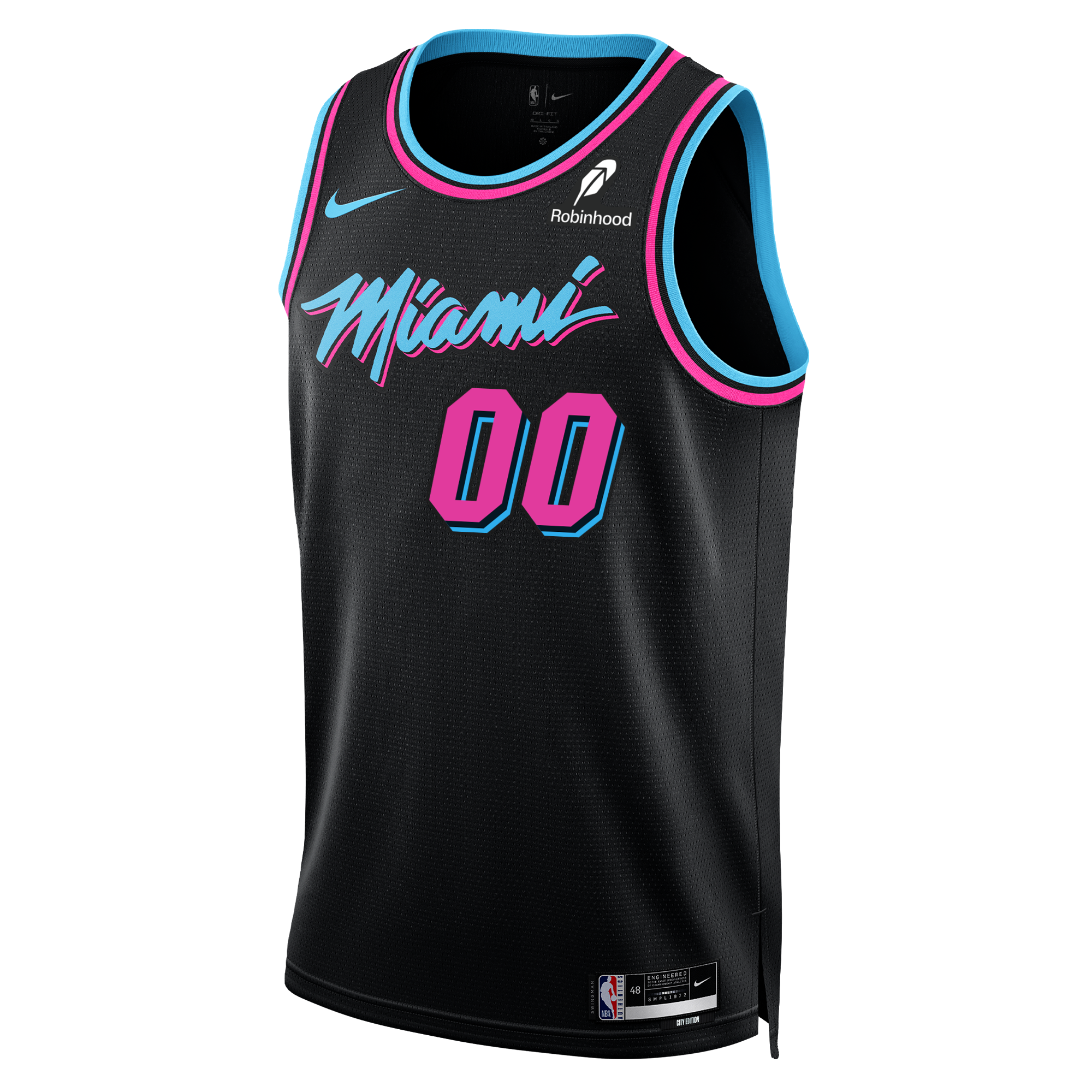 The Nike Personalized Original Vice Nights Youth Swingman Jersey is black with blue and pink trim, features 