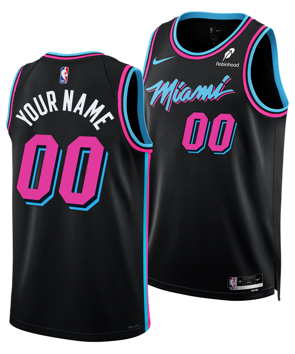 Front and back view of the black Nike Personalized Original Vice Nights Swingman Jersey, featuring pink and blue trim. Displays 