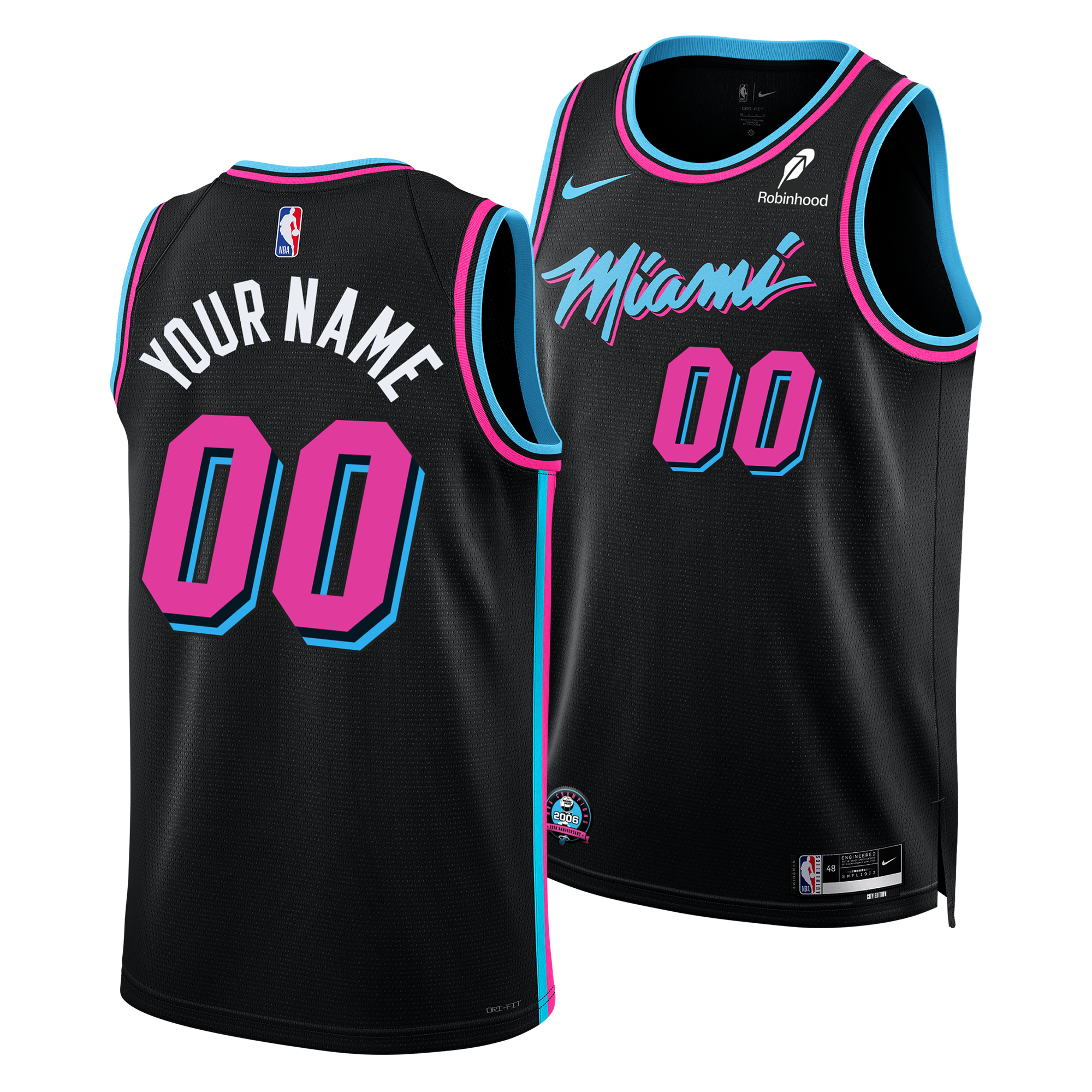 The Nike Personalized Original Vice Nights Youth Swingman Jersey features black fabric with pink and blue accents, Your Name and number 00, plus a 2006 NBA Championship patch—celebrating Miami Heat style.
