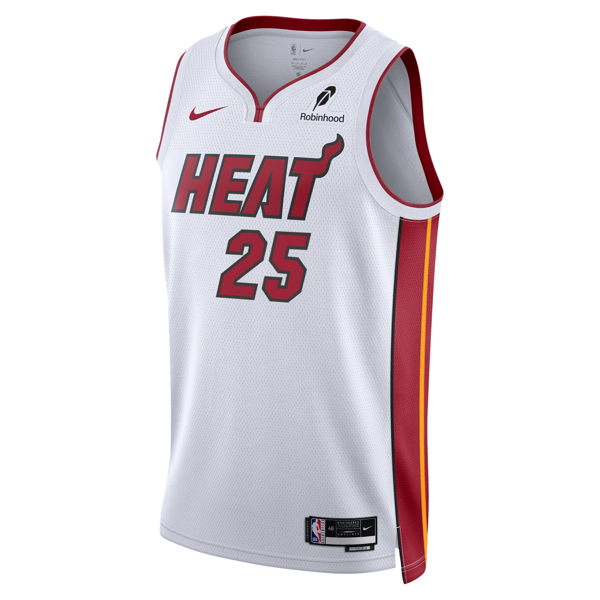 The Nike Kasparas Jakučionis Miami HEAT Association White Youth Swingman Jersey features red HEAT lettering, number 25, red/yellow side panels, Nike/Robinhood/NBA logos, and Dri-FIT fabric for moisture-wicking comfort.