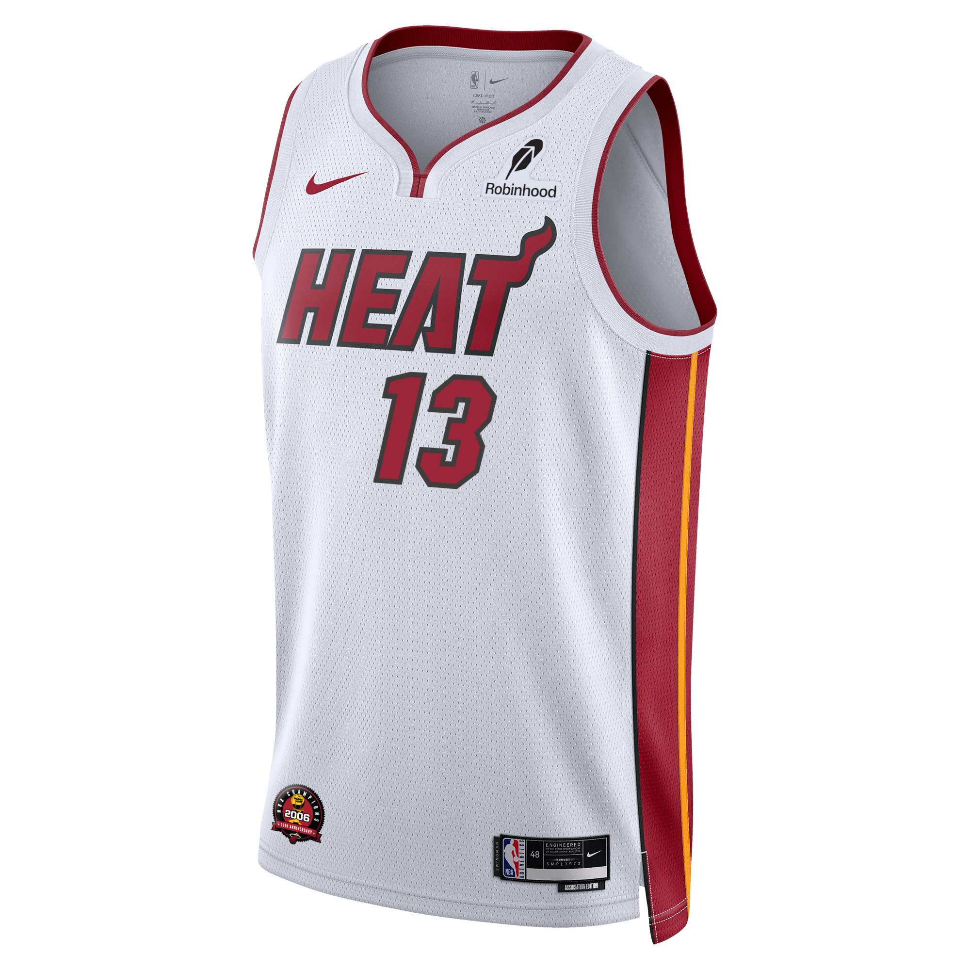 The Bam Adebayo Nike Miami HEAT Youth Association White Swingman Jersey features the classic HEAT wordmark, red trim, number 13, yellow and red side panels, Dri-FIT tech for comfort, sponsor logos, and an NBA logo at the hem.