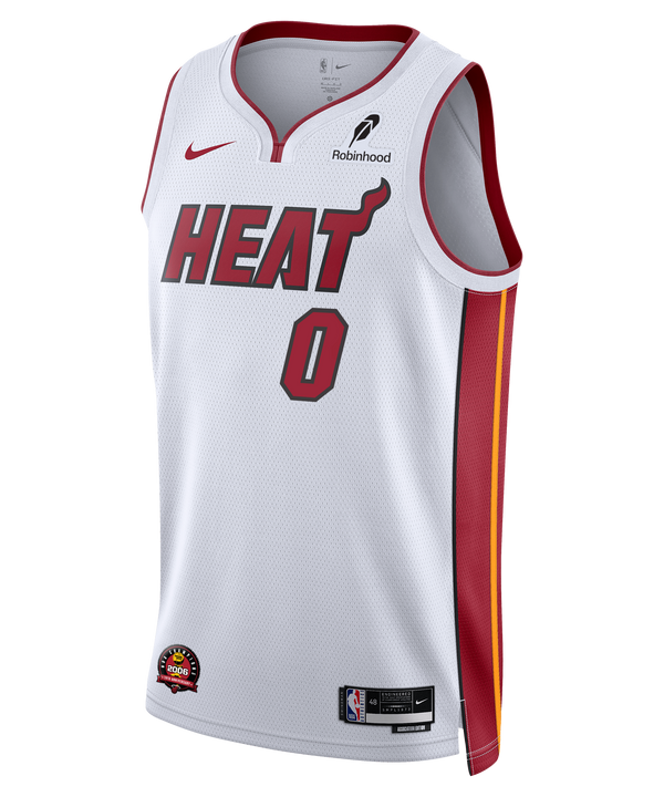The Simone Fontecchio Nike Miami HEAT Association White Youth Swingman Jersey features red and yellow side panels, bold HEAT lettering, number 0, Nike and Robinhood logos, Dri-FIT tech, ball and flame logo, and an NBA patch by the hem.