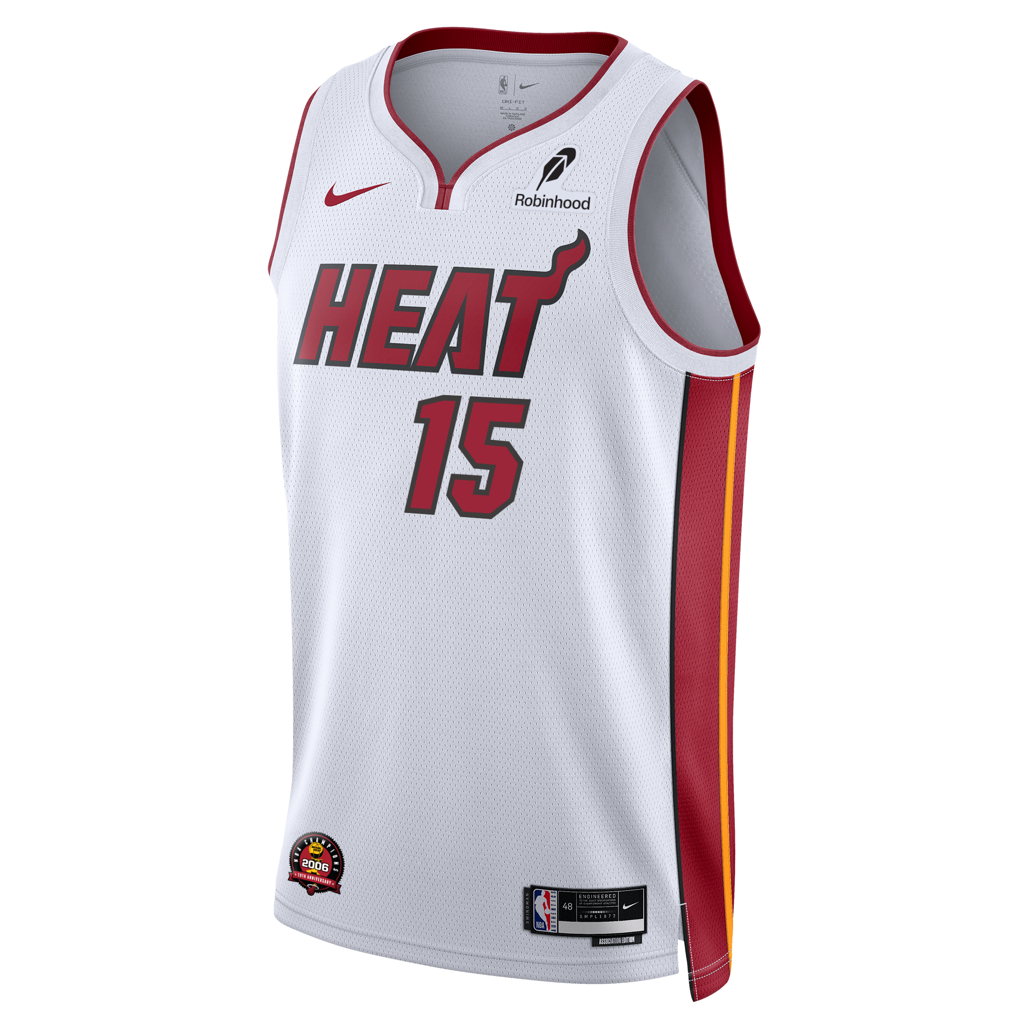 The Myron Gardner Nike Miami HEAT Association White Youth Swingman Jersey features a red HEAT wordmark and #15, red/yellow side panels, Nike and Robinhood logos, Dri-FIT tech, and an NBA patch near the bottom hem.