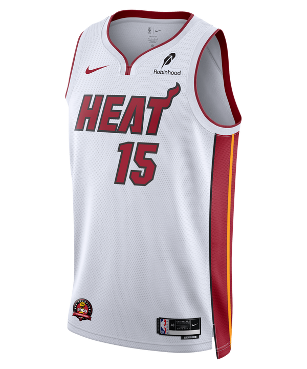 The Nike Myron Gardner Miami HEAT Association White Swingman Jersey features the red HEAT wordmark, number 15, red and yellow side panels, sponsor logos, and Dri-FIT technology. Displayed sleeveless on a plain background.