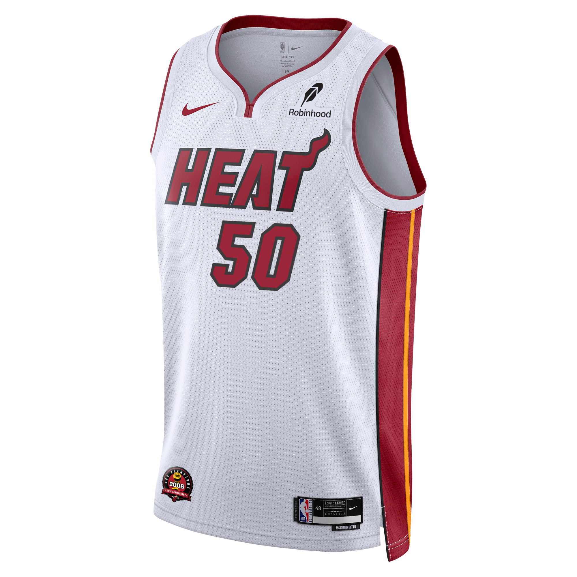 The Nike Vladislav Goldin Miami HEAT Association White Youth Swingman Jersey features red side panels, yellow accents, the HEAT wordmark, number 50, Robinhood and Nike logos, plus Dri-FIT technology for lasting comfort.
