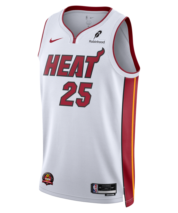 The Kasparas Jakučionis Nike Miami HEAT Association White Swingman Jersey features the HEAT wordmark, Dri-FIT tech, red/yellow side panels, number 25 on front, and Nike, Robinhood, and NBA logos.