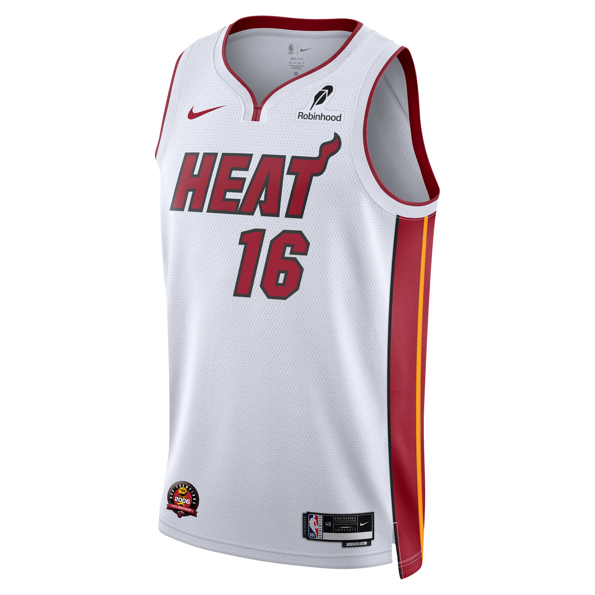 The Keshad Johnson Nike Miami HEAT Association White Youth Swingman Jersey features red trim, number 16 front, bold HEAT wordmark, yellow/red side stripes, sponsor & NBA logos, and breathable Dri-FIT fabric.