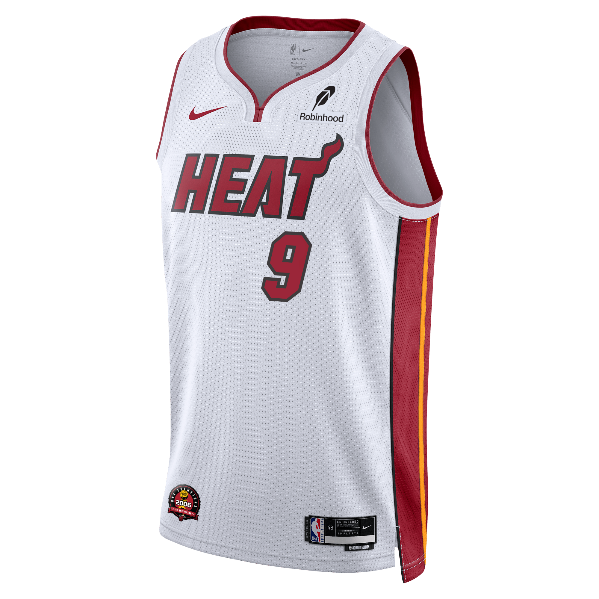 The Pelle Larsson Nike Miami HEAT Association White Swingman Jersey features red and yellow side stripes, #9 on the front, team, Nike, and Robinhood logos, and Dri-FIT technology for comfort.