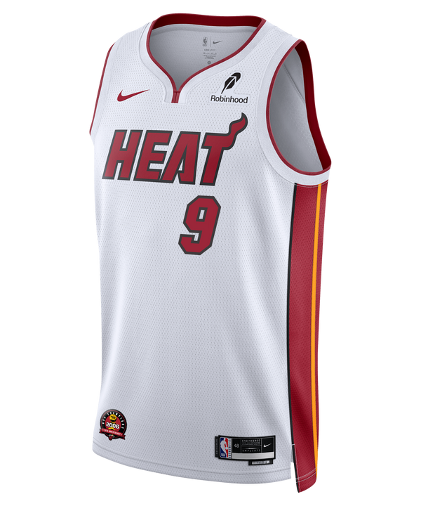 The Pelle Larsson Nike Miami HEAT Association White Swingman Jersey features red and yellow side stripes, #9 on the front, team, Nike, and Robinhood logos, and Dri-FIT technology for comfort.