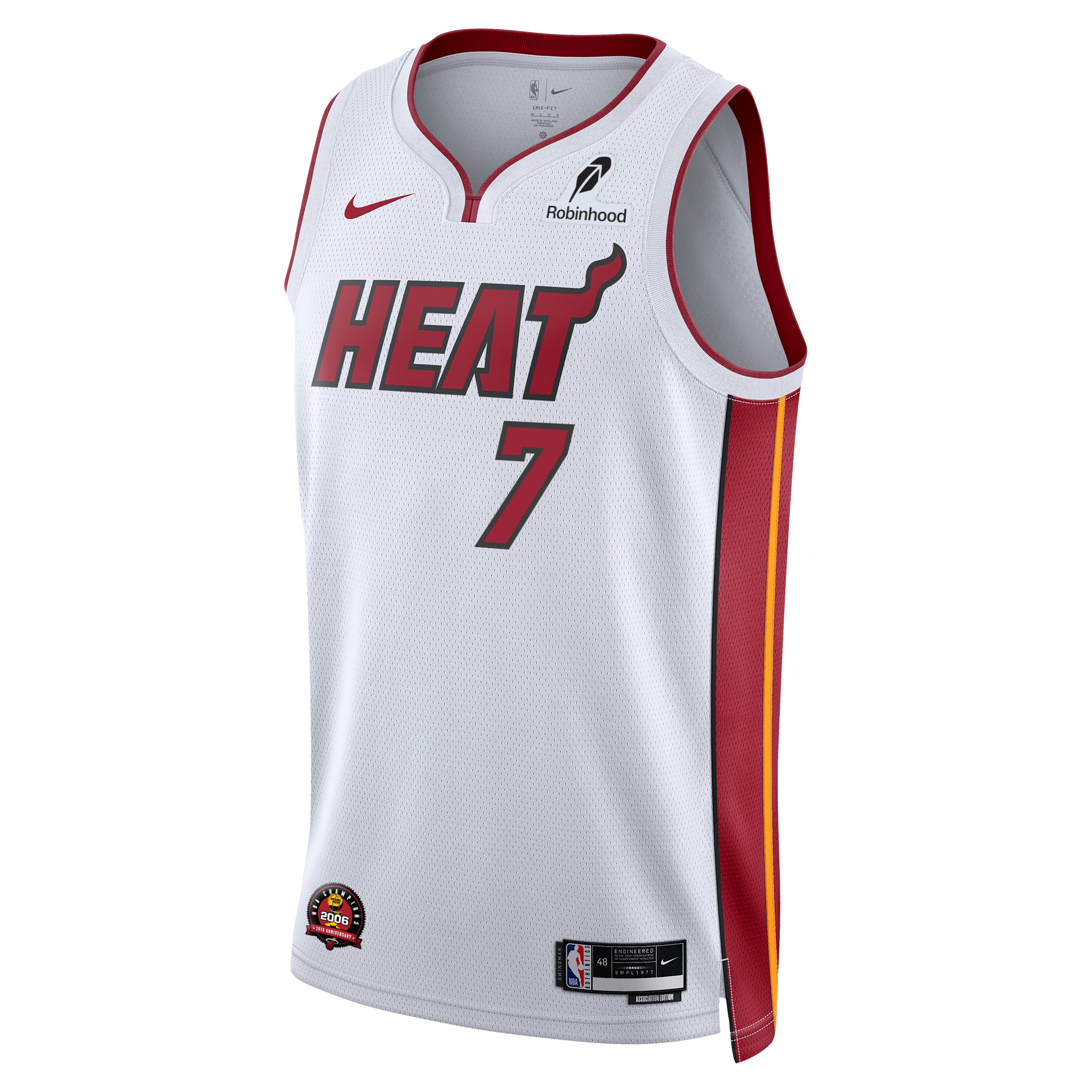 The Kel'el Ware Nike Miami HEAT Association White Youth Swingman Jersey features red accents, the number 7, HEAT on the chest, sponsor logos, an NBA hem patch, and Dri-FIT tech for comfort.