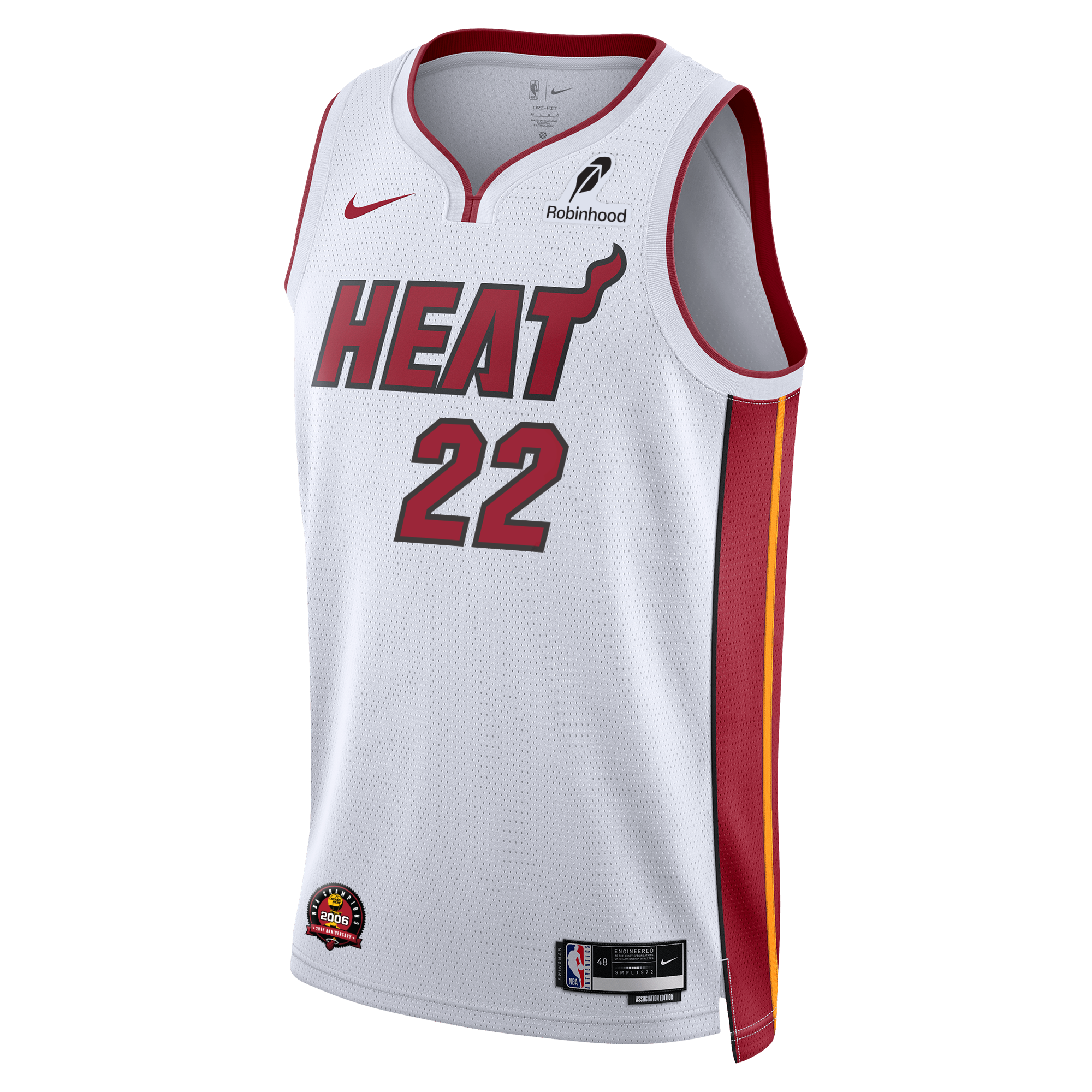 The Nike Andrew Wiggins Miami HEAT Association White Swingman Jersey features red HEAT wordmark, #22, red/yellow side stripes, Nike and Robinhood logos, NBA branding, and moisture-wicking Dri-FIT technology.