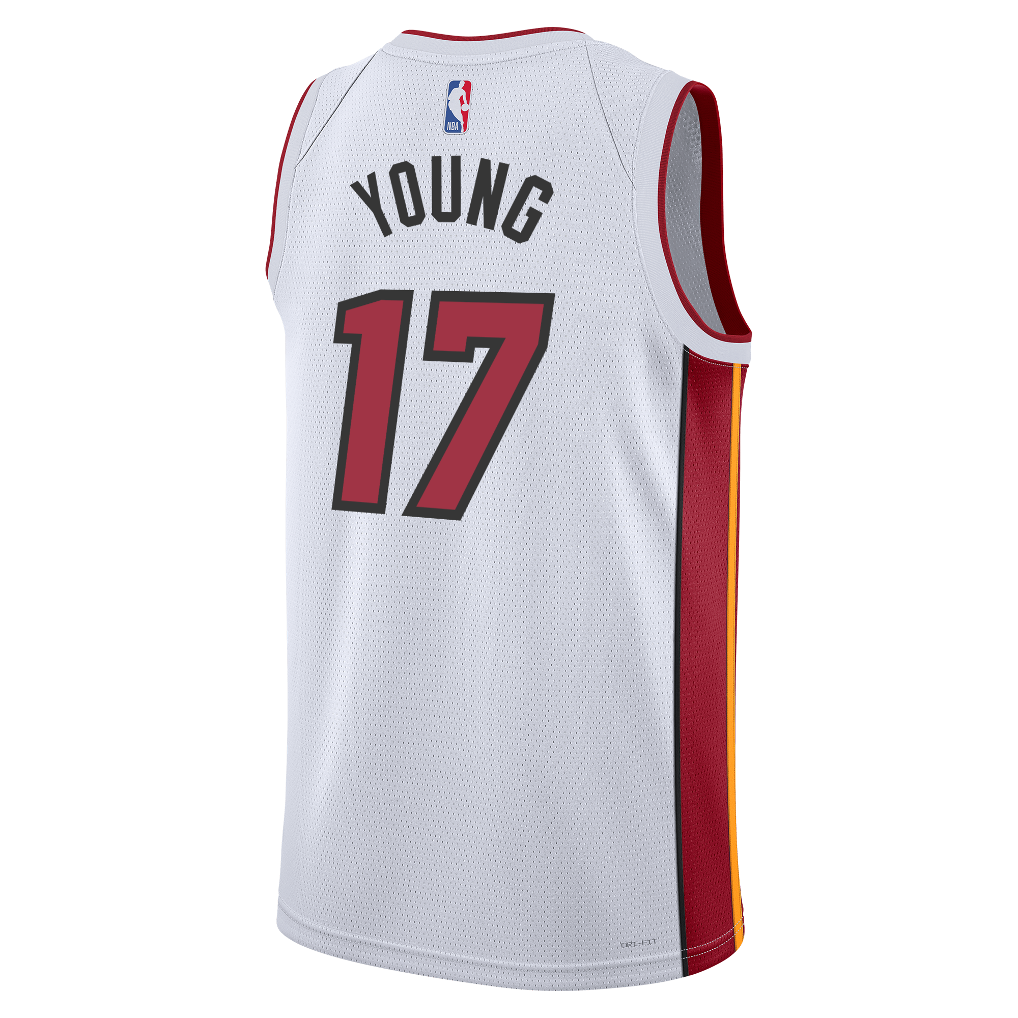 The Nike Jahmir Young Miami HEAT Association White Youth Swingman Jersey features red and yellow side panels, Dri-FIT technology, the NBA logo, with YOUNG and number 17 on the back.