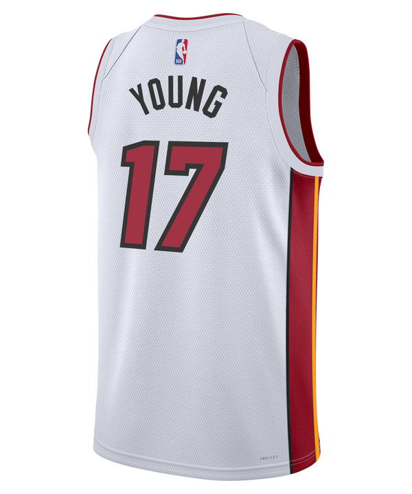 The Jahmir Young Nike Miami HEAT Association White Swingman Jersey features bold red and yellow accents, the number 17, HEAT wordmark, Nike and Robinhood logos, and breathable Dri-FIT fabric.
