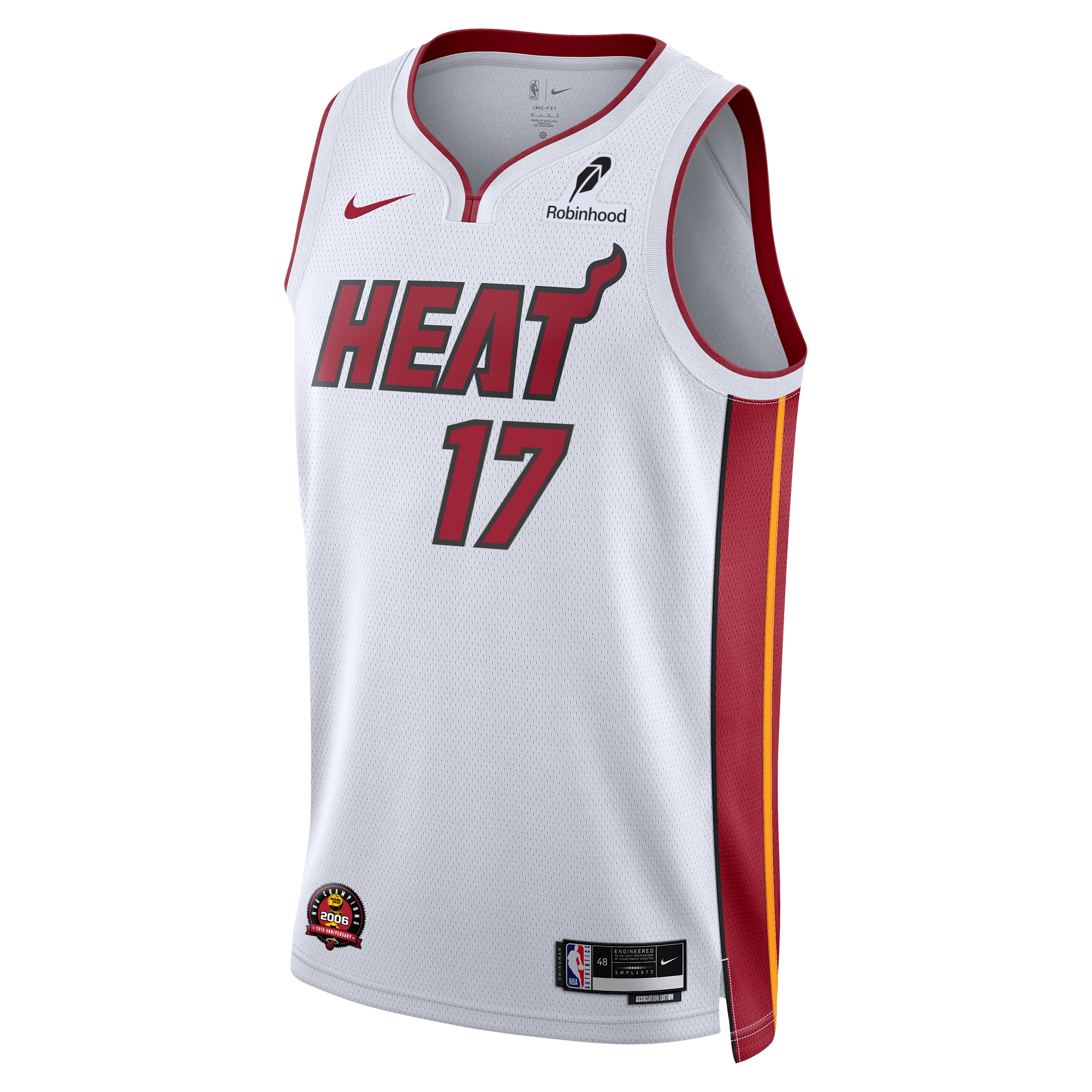 The Jahmir Young Nike Miami HEAT Association White Swingman Jersey features bold red and yellow accents, the number 17, HEAT wordmark, Nike and Robinhood logos, and breathable Dri-FIT fabric.