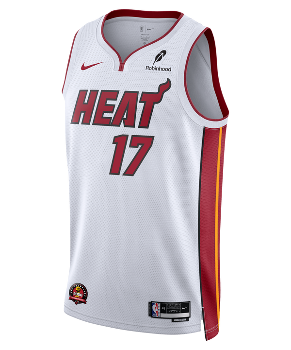 The Jahmir Young Nike Miami HEAT Association White Swingman Jersey features bold red and yellow accents, the number 17, HEAT wordmark, Nike and Robinhood logos, and breathable Dri-FIT fabric.