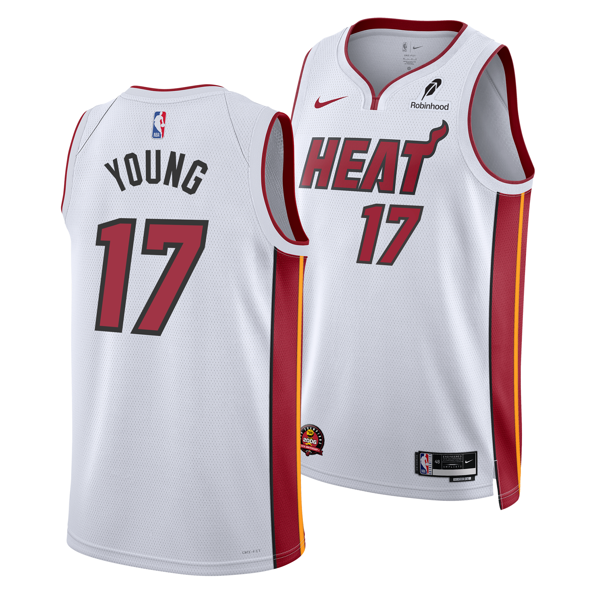 Front and back view of the Nike Jahmir Young Miami HEAT Association White Youth Swingman Jersey, featuring HEAT wordmark, number 17, YOUNG on back, red and yellow side panels, sponsor logos, and Dri-FIT technology.