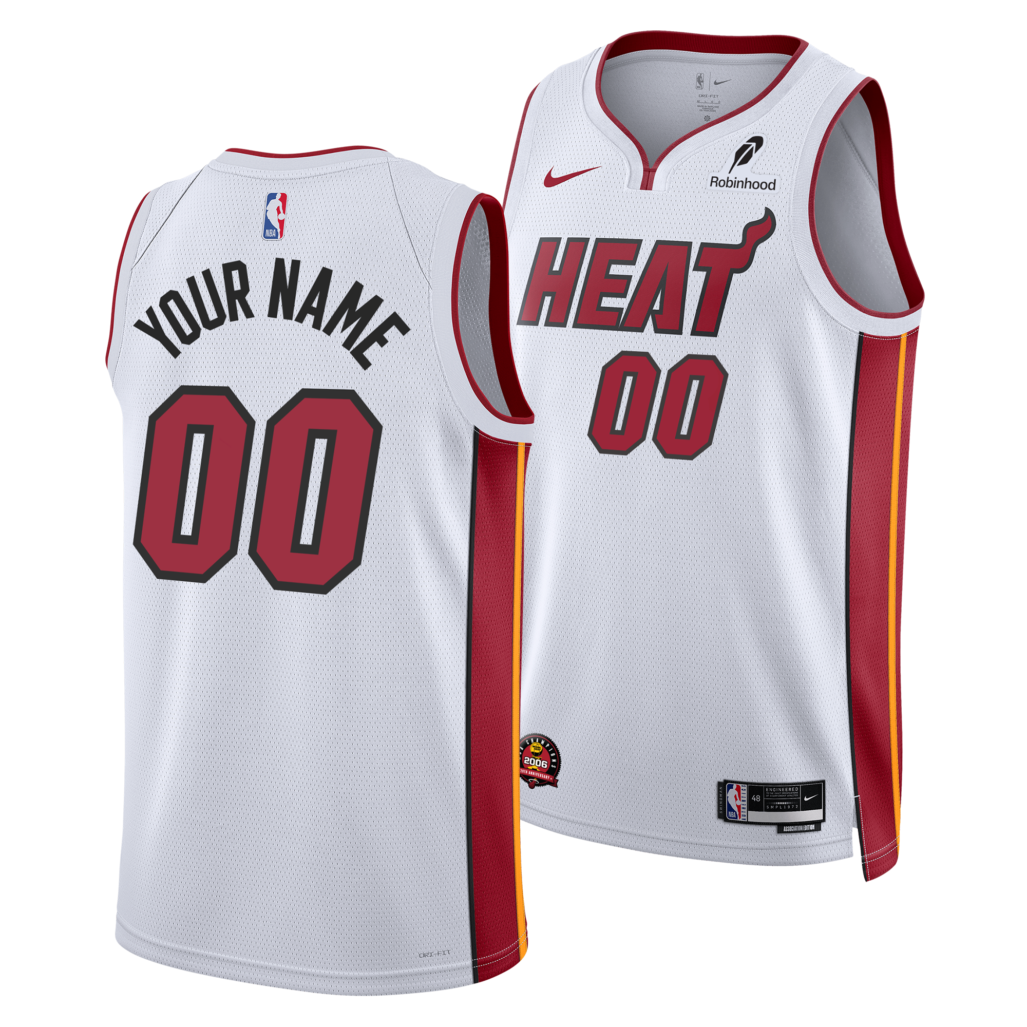Two personalized Nike Miami HEAT Association White Swingman Jerseys featuring HEAT and 00 on the front, YOUR NAME and 00 on the back, red/yellow accents, plus an authentic 2006 NBA Championship patch for dedicated fans.