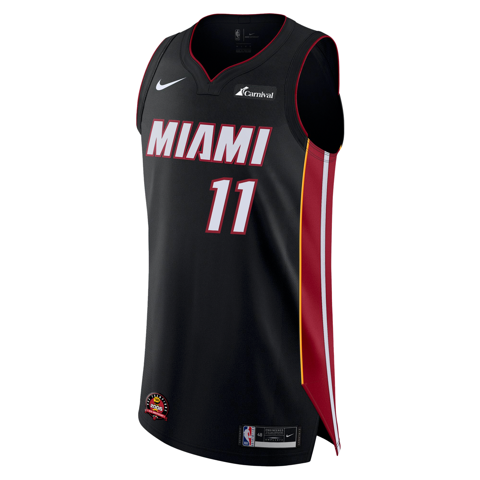 The Jaime Jaquez Jr. Nike Icon Black Authentic Jersey features Miami HEAT colors with red and white accents, bold number 11 and MIAMI on the front, NBA and sponsor logos, plus yellow and red side stripes. Brand: Nike.