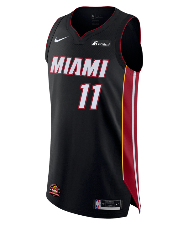 The Jaime Jaquez Jr. Nike Icon Black Authentic Jersey features Miami HEAT colors with red and white accents, bold number 11 and MIAMI on the front, NBA and sponsor logos, plus yellow and red side stripes. Brand: Nike.