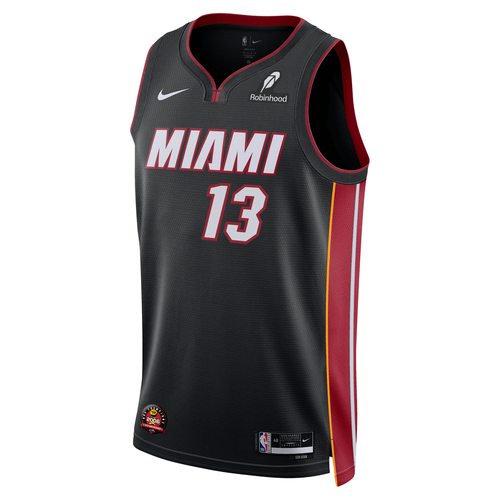 The Bam Adebayo Nike Miami HEAT Icon Black Swingman Jersey features red and white MIAMI text, number 13, red/yellow side panels, Robinhood logos, Dri-FIT technology, and is made from lightweight polyester.