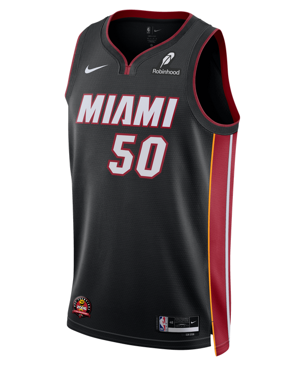 The Vladislav Goldin Nike Miami HEAT Icon Black Youth Swingman Jersey features red and yellow side panels, the number 50, bold MIAMI lettering, Nike and Robinhood logos, and heat-applied twill details.