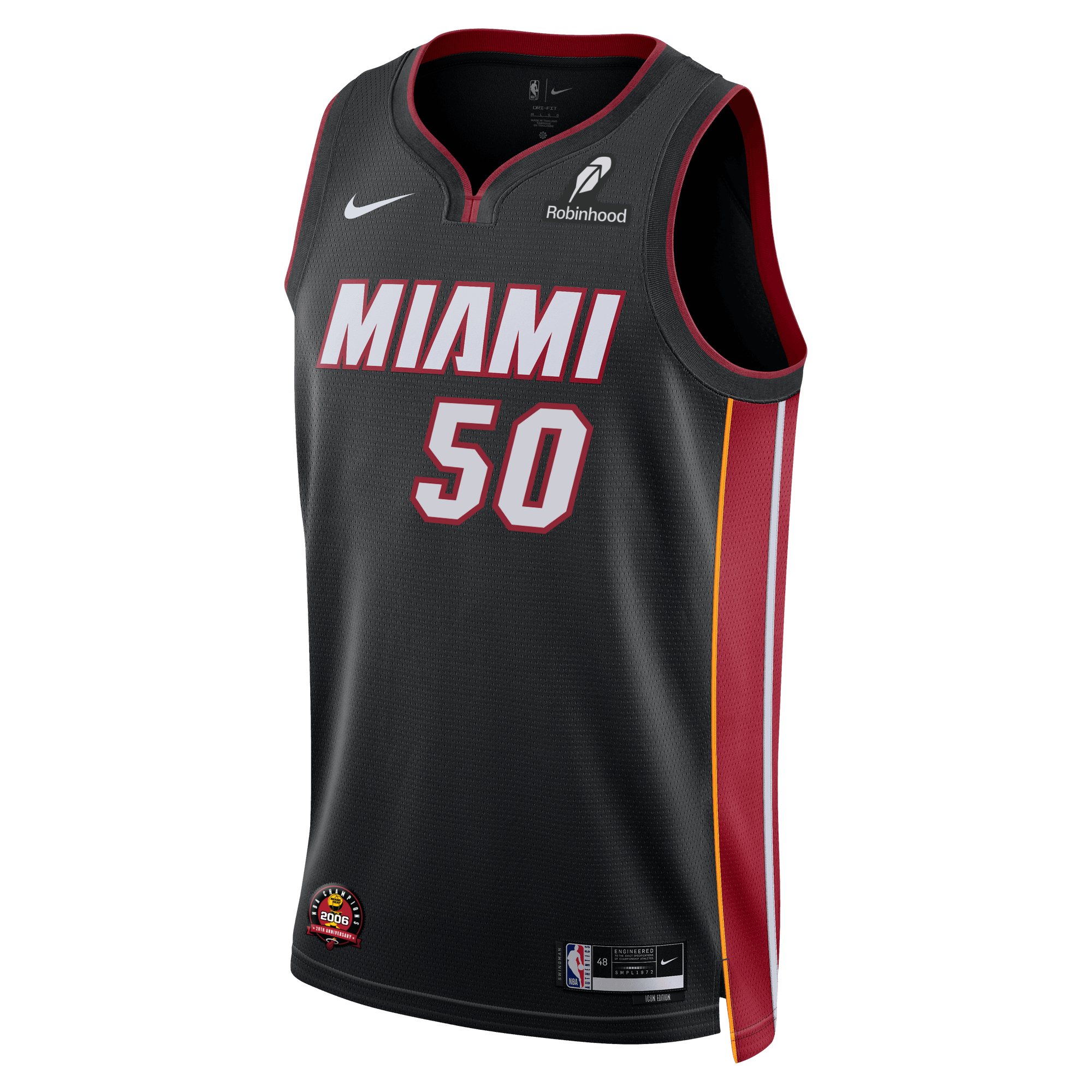 The Vladislav Goldin Nike Miami HEAT Icon Black Swingman Jersey features red and white accents, number 50 on the front, sponsor patches (Nike, NBA, Robinhood), and moisture-wicking Dri-FIT technology for comfort.