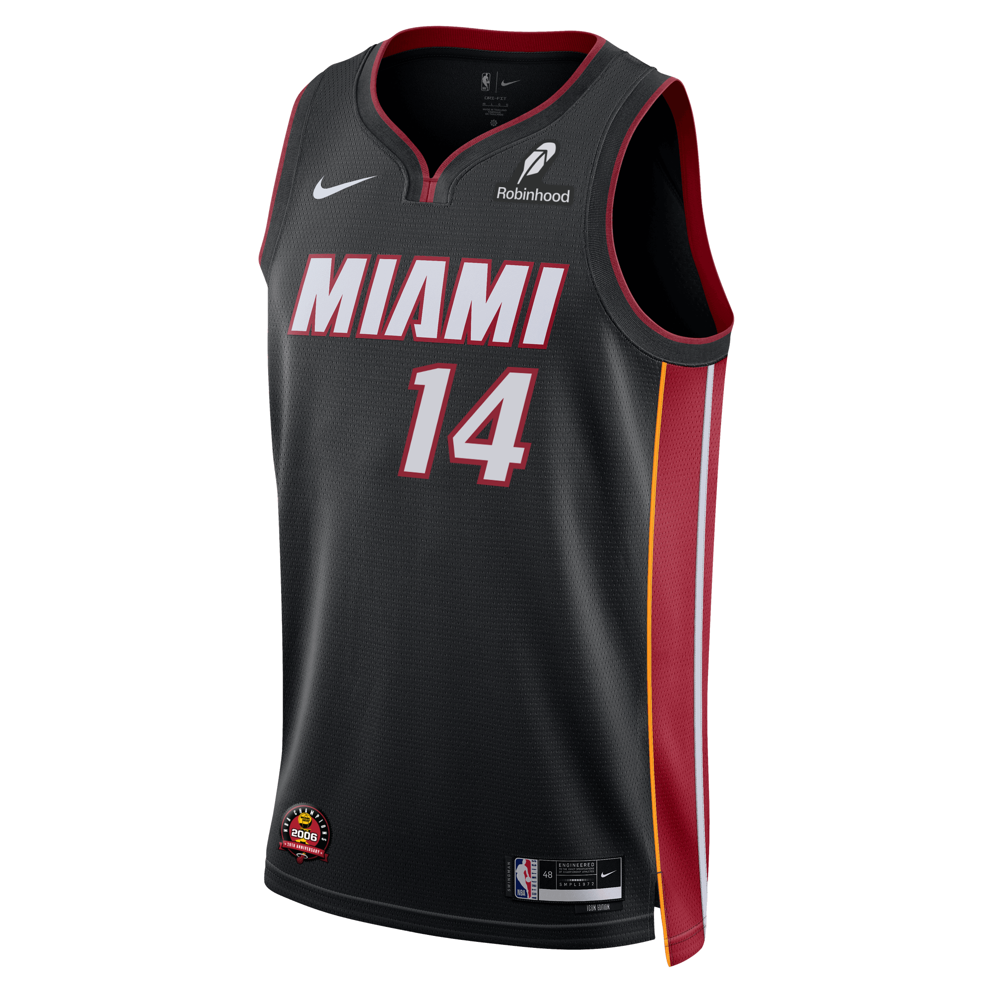 The Nike Tyler Herro Miami HEAT Icon Black Swingman Jersey features red and yellow side panels, the number 14, bold MIAMI lettering, Nike, Robinhood, and NBA logos, and is made with Dri-FIT technology for comfort.