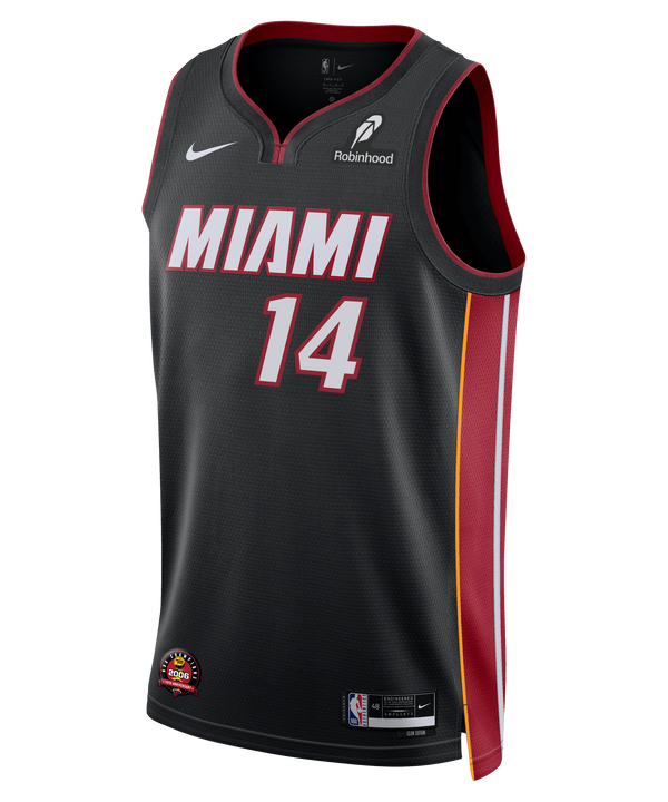 The Tyler Herro Nike Icon Black Youth Swingman Jersey features red and white MIAMI text, number 14 front, red trim, Nike and Robinhood logos, NBA and Miami Heat patches near the hem, all in breathable Dri-FIT fabric.