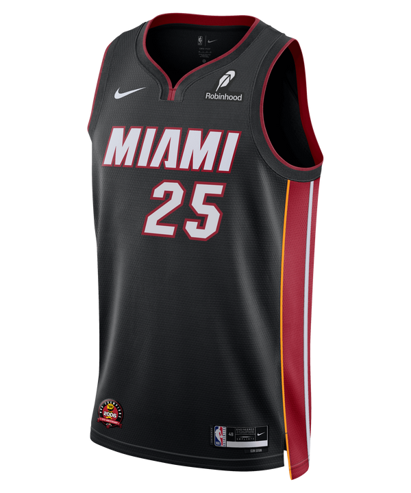The Nike Kasparas Jakučionis Miami HEAT Icon Black Youth Swingman Jersey features red and white trim, Dri-FIT tech, #25, MIAMI on the chest, Nike and NBA logos, plus yellow and red side stripes.