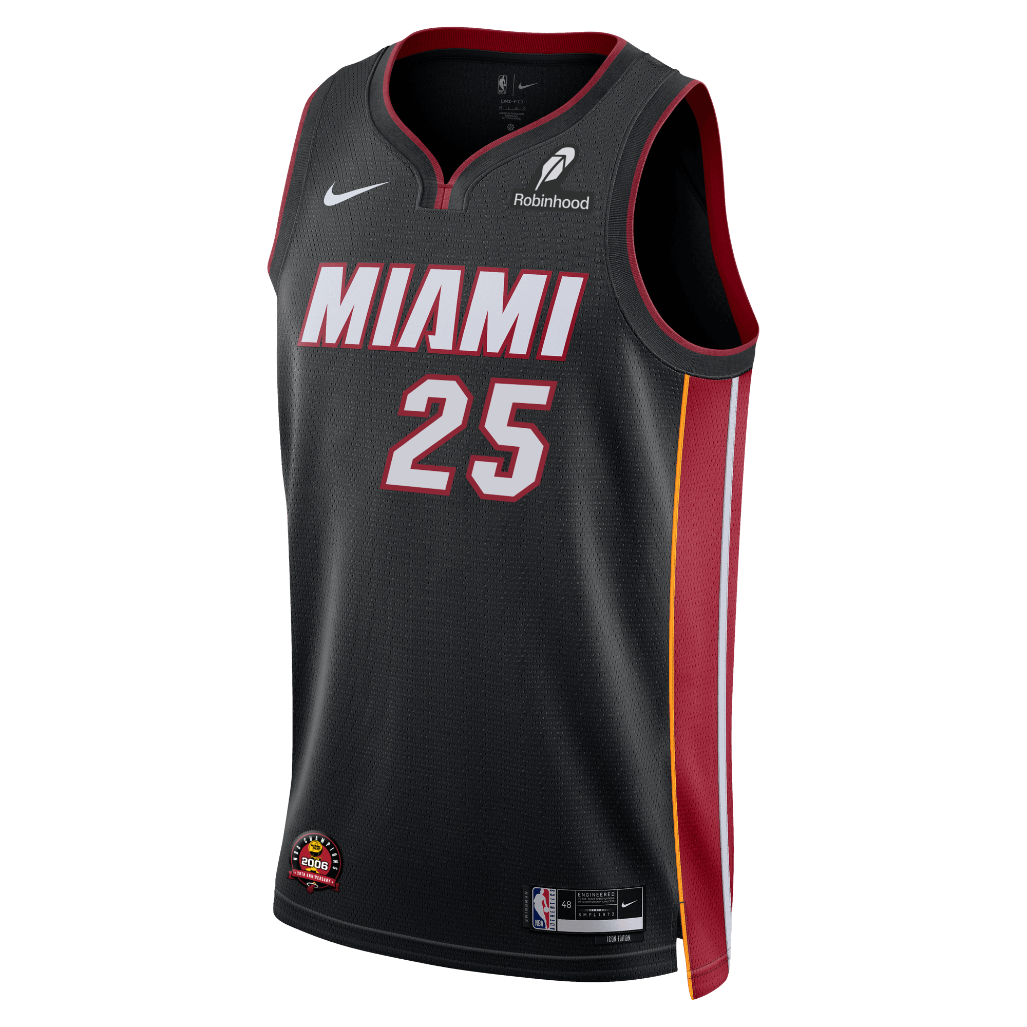 The Nike Kasparas Jakučionis Miami HEAT Icon Black Swingman Jersey features heat-applied MIAMI text, number 25, red/yellow side stripes, Dri-FIT tech, plus sponsor and NBA logos for style and comfort.