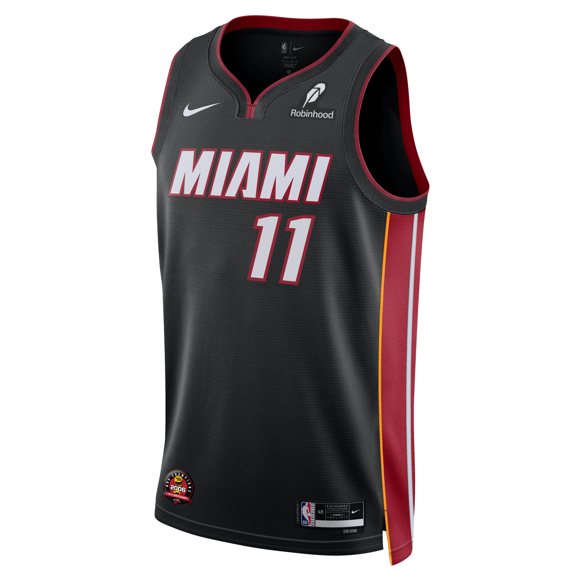The Jaime Jaquez Jr. Nike Miami HEAT Icon Black Swingman Jersey features a black base, red and yellow side stripes, white MIAMI lettering, #11, and Nike, Robinhood, and NBA logos. Made with advanced Dri-FIT technology for comfort.