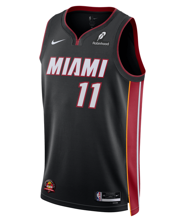 The Jaime Jaquez Jr. Nike Miami HEAT Icon Black Swingman Jersey features a black base, red and yellow side stripes, white MIAMI lettering, #11, and Nike, Robinhood, and NBA logos. Made with advanced Dri-FIT technology for comfort.