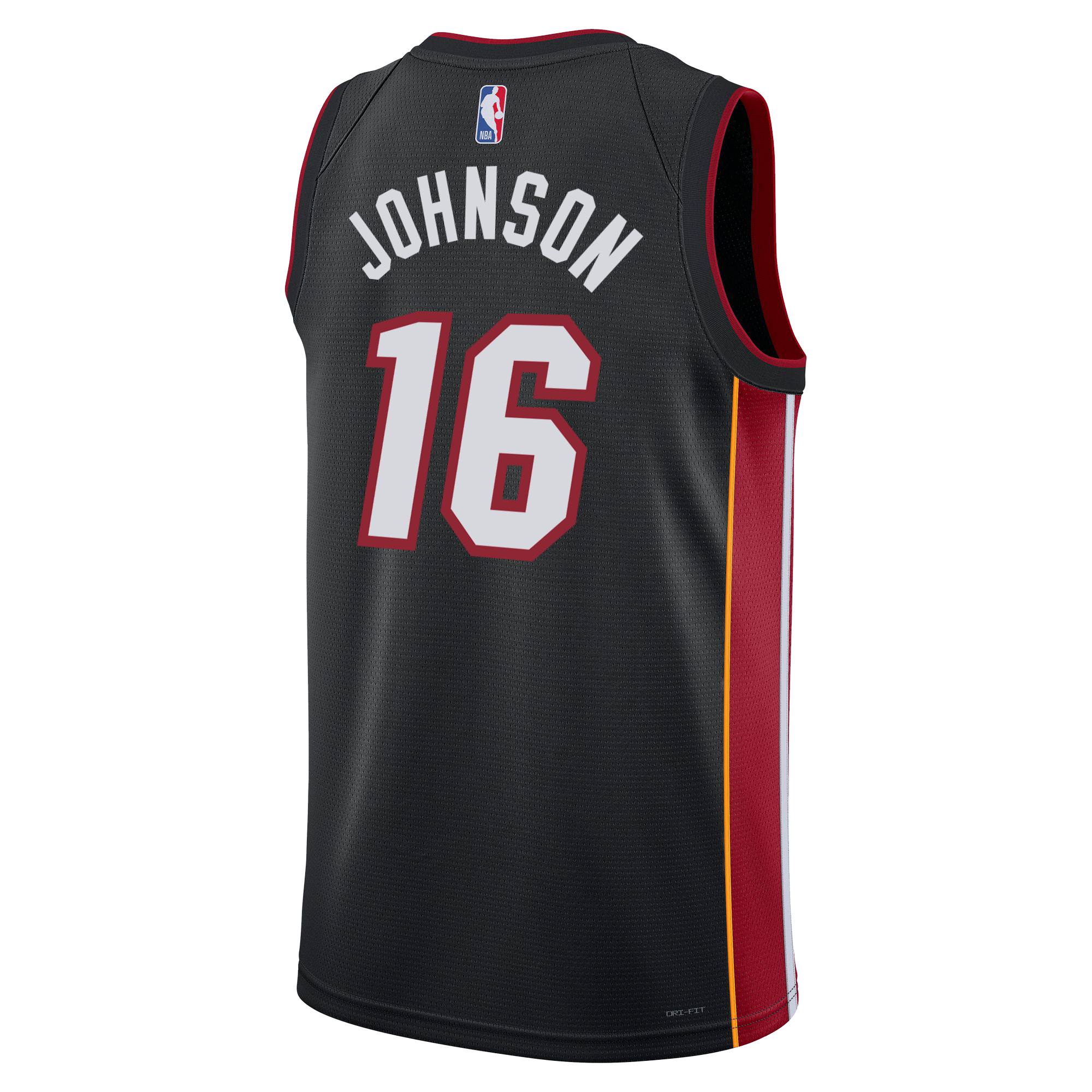 The Nike Miami HEAT Icon Black Youth Swingman Jersey features Keshad Johnson’s name and number 16 with red and yellow side panels, Dri-FIT tech, and an NBA logo above the name.