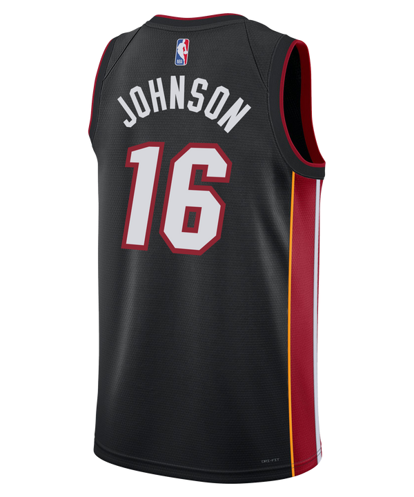 The Nike Keshad Johnson Miami HEAT Icon Black Youth Swingman Jersey features red and white MIAMI text, number 16, red and yellow side stripes, sponsor and Nike logos, and is made with Dri-FIT technology for comfort.