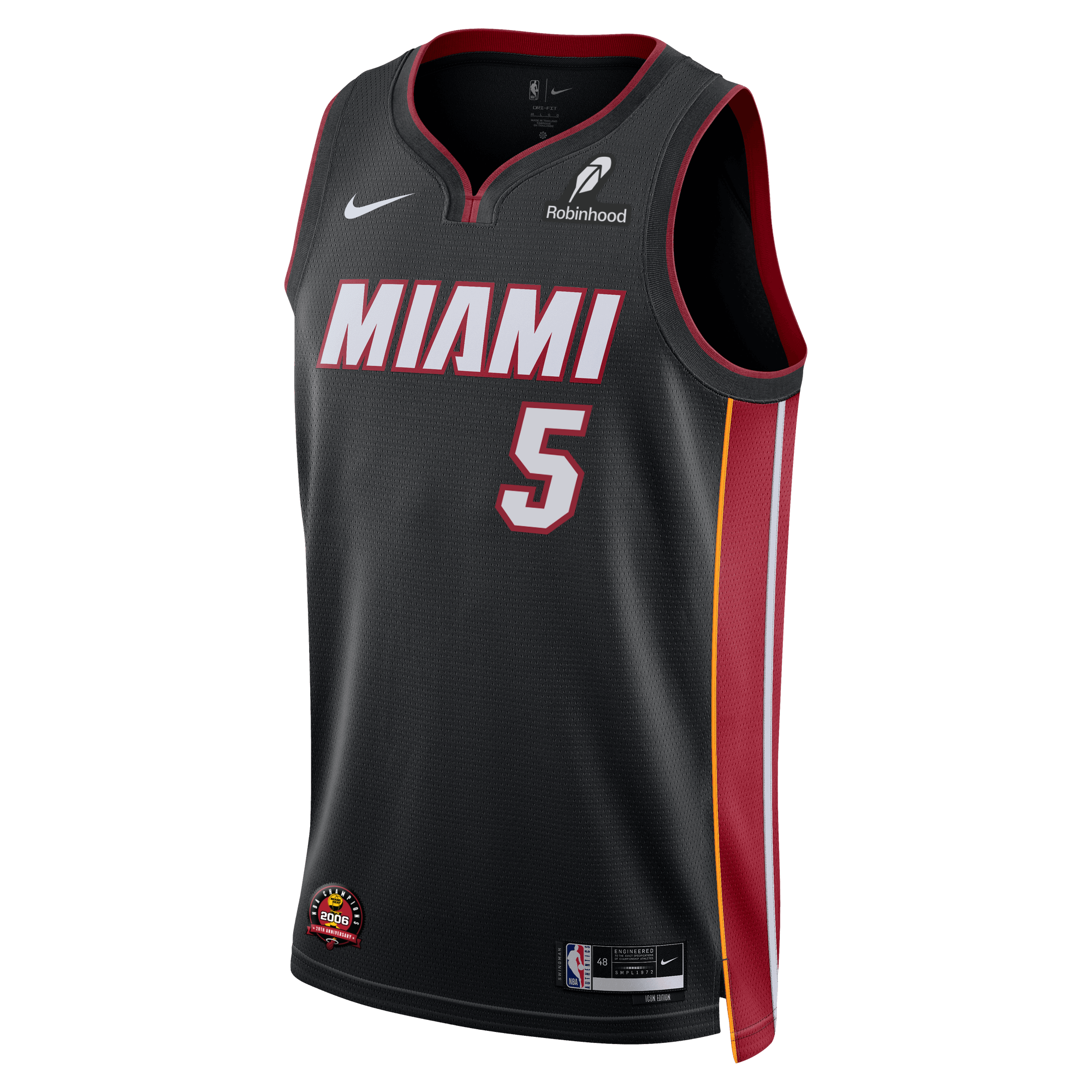 The Nike Nikola Jović Icon Black Youth Swingman Jersey features red and yellow side accents, white MIAMI text, number 5 on the front, and Nike, Robinhood, and NBA logos, all with advanced Dri-FIT technology for breathable comfort.
