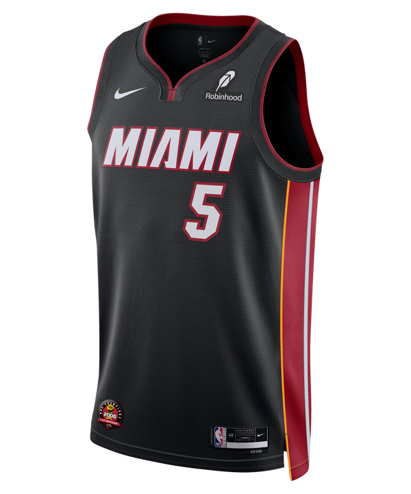 The Nike Nikola Jović Icon Black Youth Swingman Jersey features red and yellow side accents, white MIAMI text, number 5 on the front, and Nike, Robinhood, and NBA logos, all with advanced Dri-FIT technology for breathable comfort.