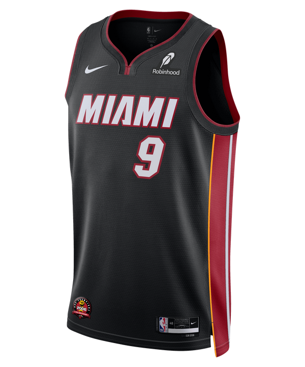 The Pelle Larsson Nike Miami HEAT Icon Black Swingman Jersey features red and yellow side panels, number 9, white MIAMI text, Nike, Robinhood, and NBA logos, plus Dri-FIT tech for comfort.